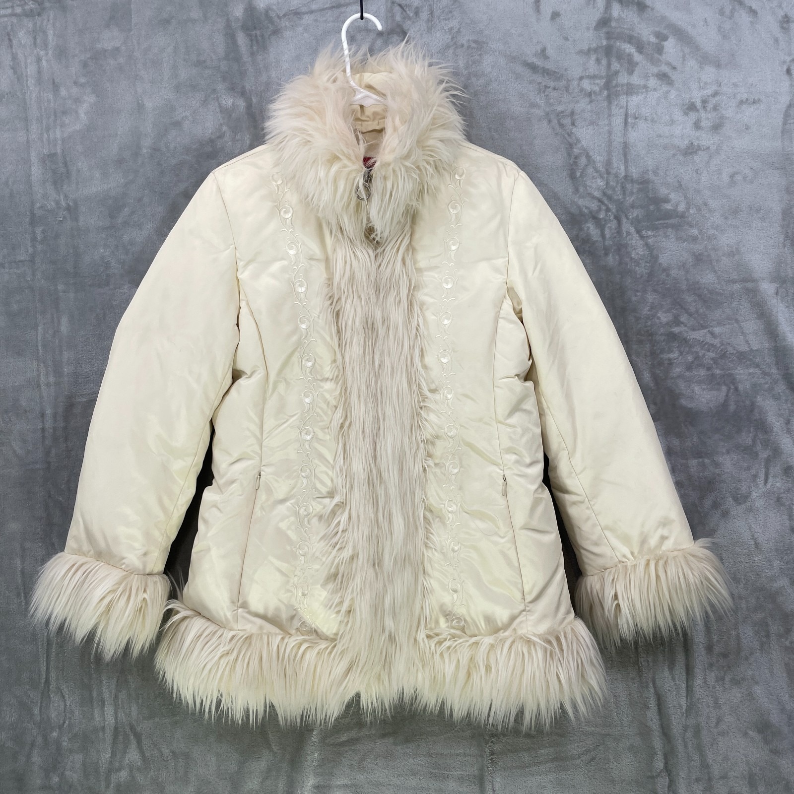 Vtg Y2k Guess Size M Penny Lane Coat Embroidered Down Feather Faux Fur Nylon Zip